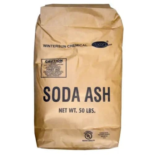 50 lb kraft paper bag of soda ash with a printed caution panel.