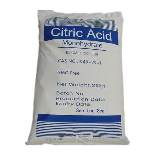 25 kg sack of citric acid monohydrate, BP/USP/FCC grade, marked GMO free.