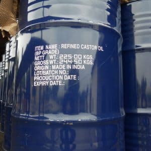 Blue steel drum stencilled refined castor oil BP grade, 225 kg net, made in India.