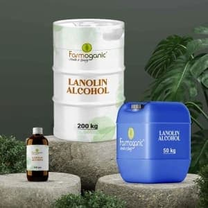 200 kg keg and 50 kg jerrican of lanolin alcohol beside a sample bottle.