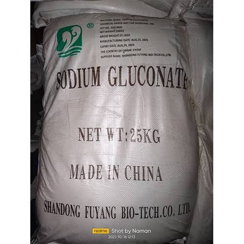25 kg woven sack of sodium gluconate, industrial grade, made in China.