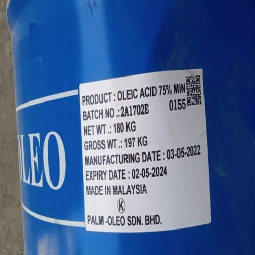 Blue drum labelled oleic acid 75% minimum, 180 kg net, made in Malaysia.