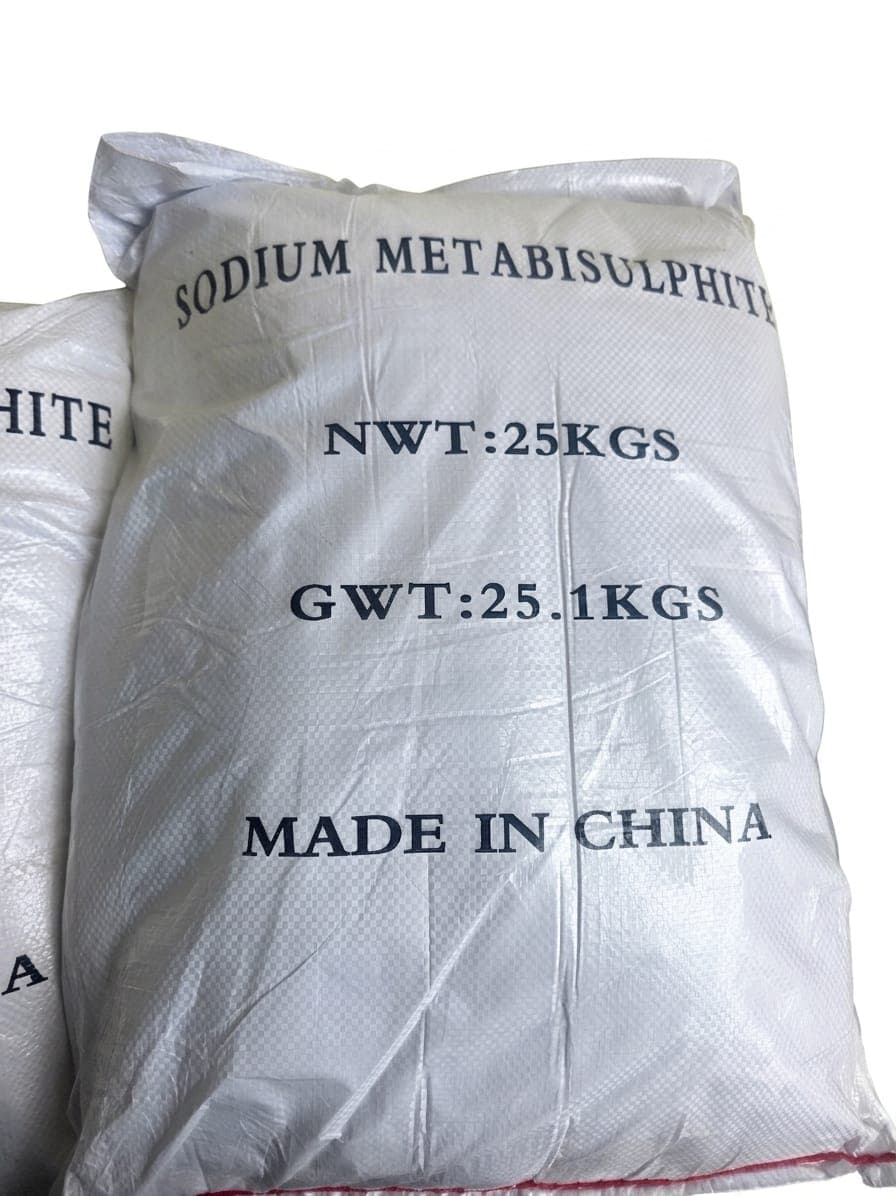 25 kg woven sacks of sodium metabisulphite, made in China.