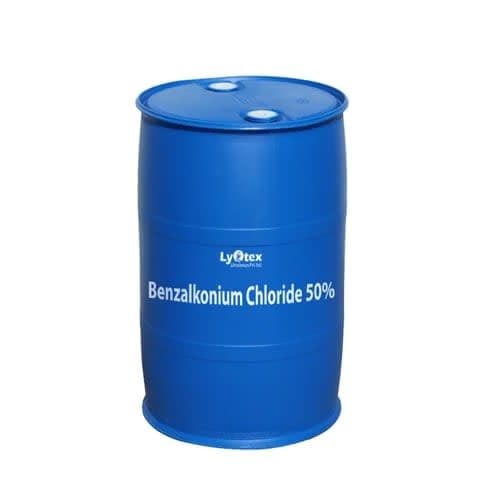 Blue 200-litre drum labelled benzalkonium chloride 50%.