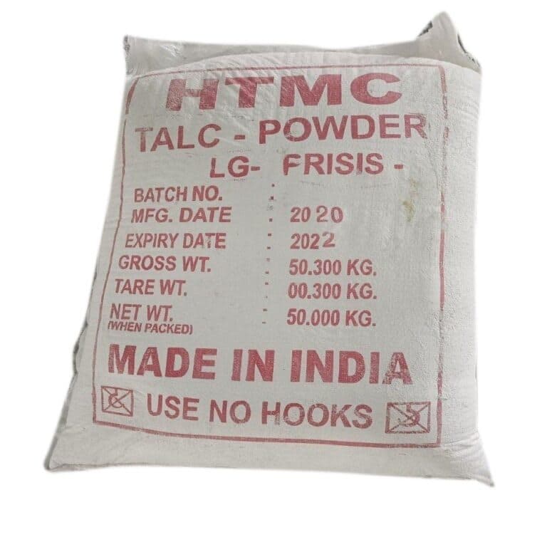 50 kg woven sack of talc powder, made in India.
