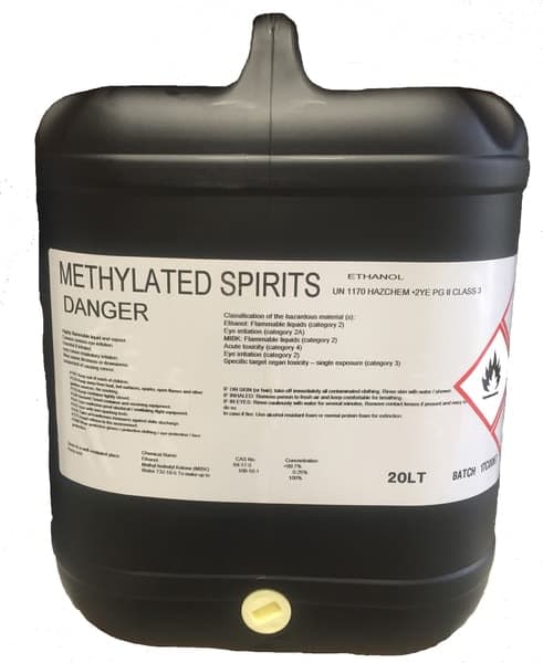20 litre jerrican of methylated spirits (ethanol) with its hazard panel.