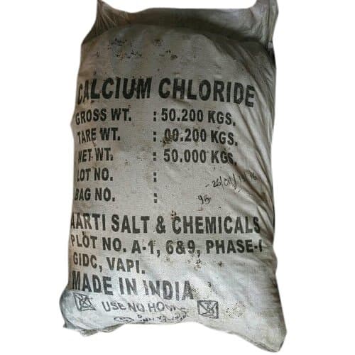 50 kg woven sack of calcium chloride, made in India.