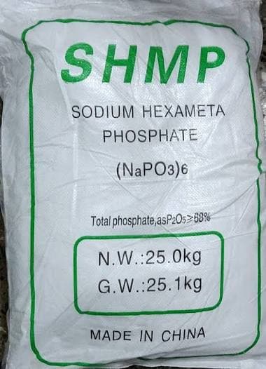 25 kg sack of sodium hexametaphosphate (SHMP), made in China.