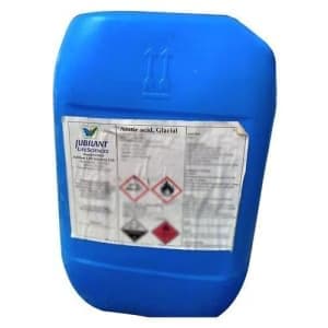Blue 25 litre jerrican of glacial acetic acid with its hazard label.