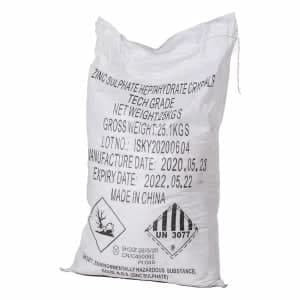 25 kg sack of technical-grade zinc sulphate heptahydrate crystals, UN 3077.
