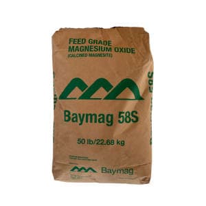 50 lb kraft sack of feed-grade magnesium oxide (calcined magnesite).