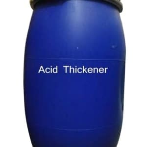 Blue open-top plastic drum of acid thickener.