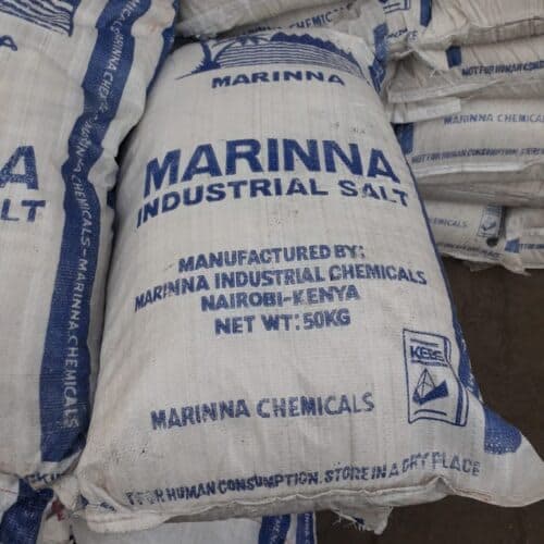 50 kg sacks of Marinna industrial salt, manufactured in Nairobi, Kenya.