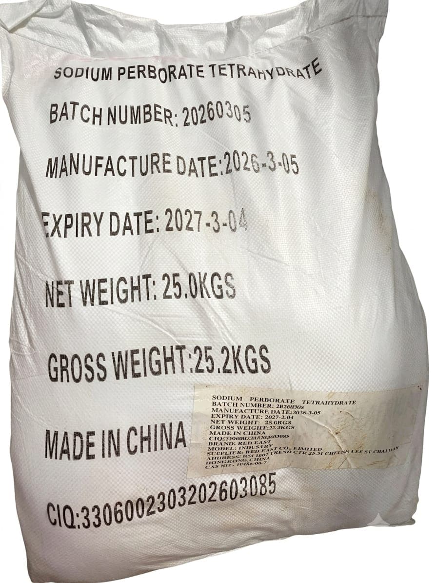 25 kg sack of sodium perborate tetrahydrate, made in China.