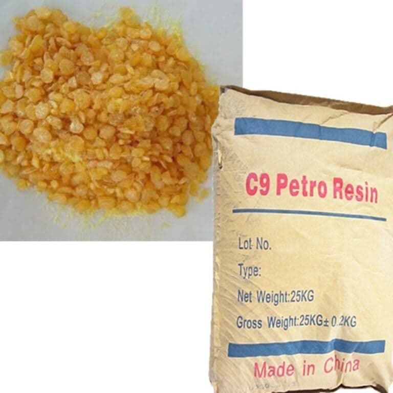 Amber C9 petroleum resin granules beside a 25 kg sack.