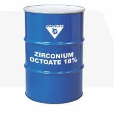 Blue 200-litre steel drum of zirconium octoate 18% from Jopolymer.
