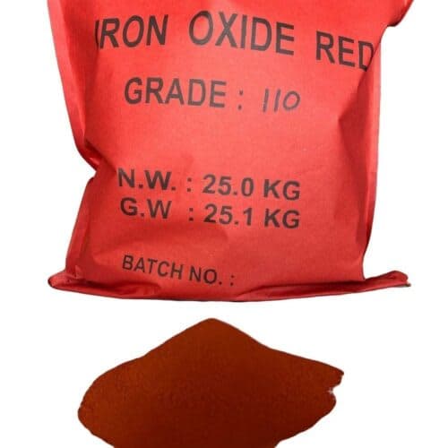 Red sack of iron oxide pigment grade 110, 25 kg net, with a heap of the powder.