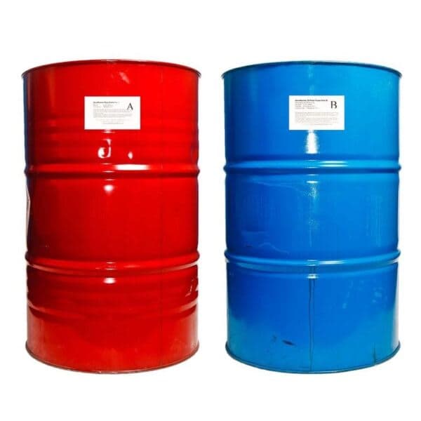 Red and blue 200-litre steel drums holding the two parts of a resin system.