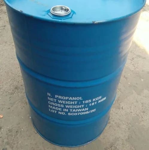 Blue steel drum stencilled n-propanol, 165 kg net, made in Taiwan.