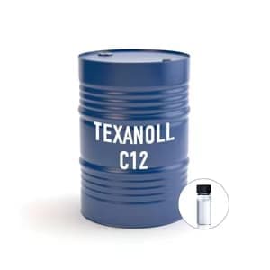 Blue 200-litre steel drum of Texanol ester alcohol beside a sample vial.