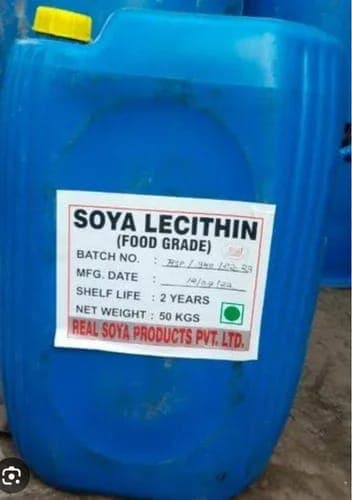 Blue 50 kg jerrican of food-grade soya lecithin.