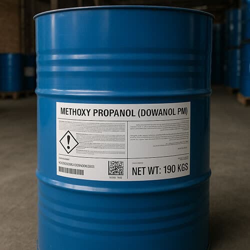 Blue 200-litre steel drum of methoxy propanol (Dowanol PM), 190 kg net.