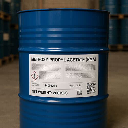 Blue 200-litre steel drum of methoxy propyl acetate (PMA), 200 kg net.