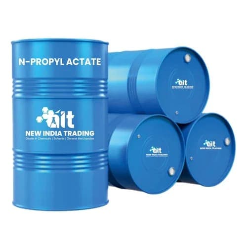 Blue steel drums of n-propyl acetate stacked for despatch.