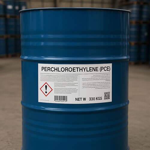 Blue 200-litre steel drum of perchloroethylene, 330 kg net.