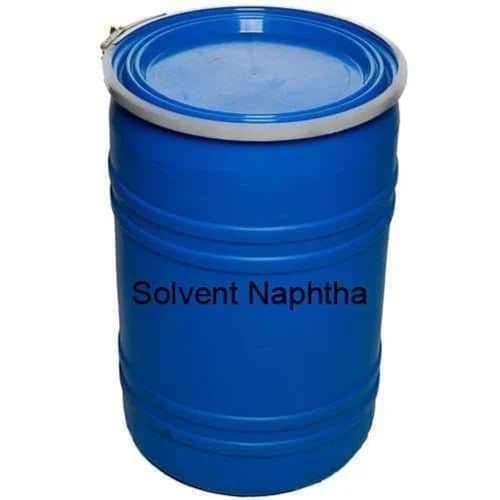 Blue open-top plastic drum of solvent naphtha.