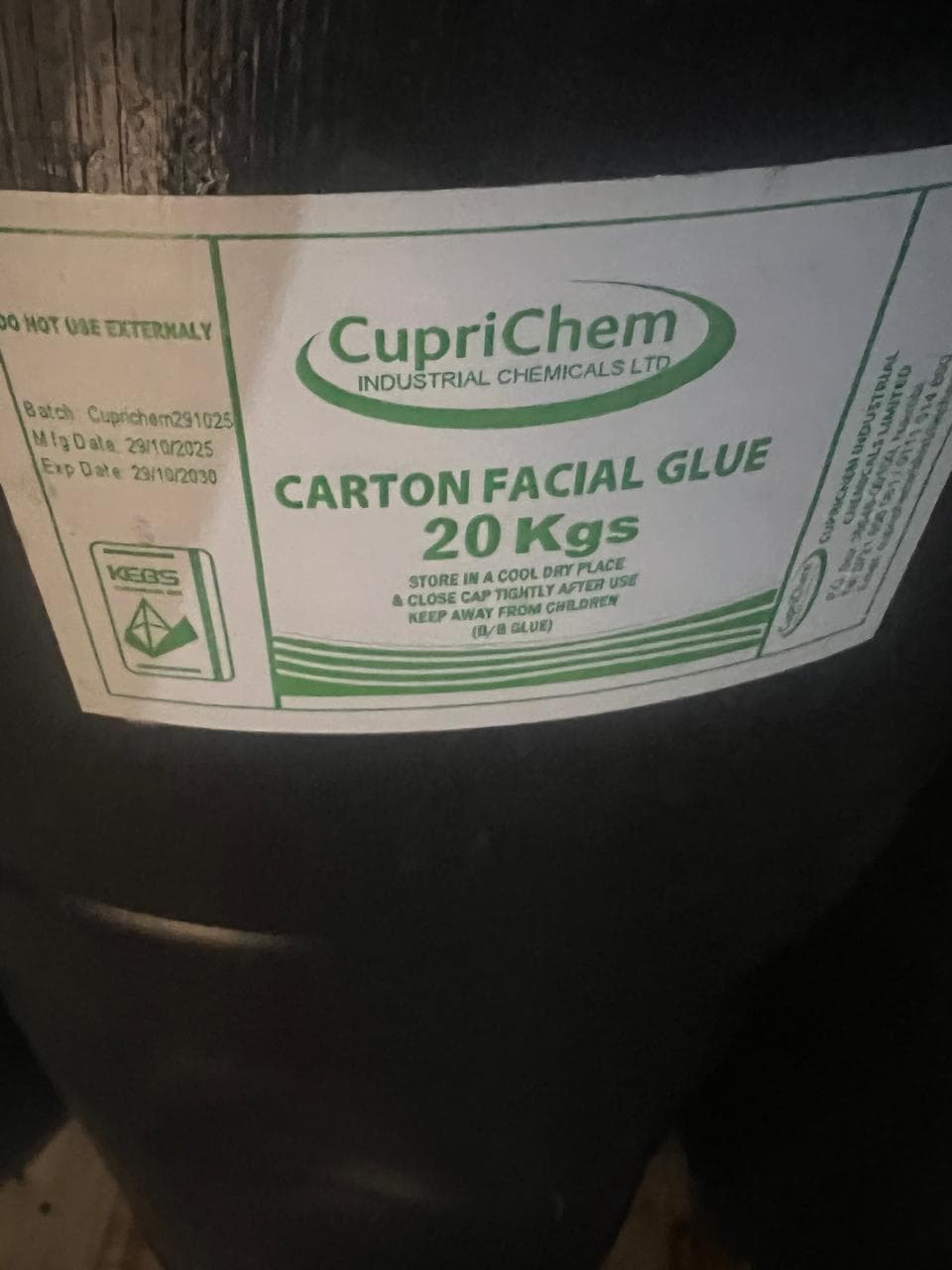 20 kg drum of Cuprichem Carton Facial Glue for carton and book-binding work.