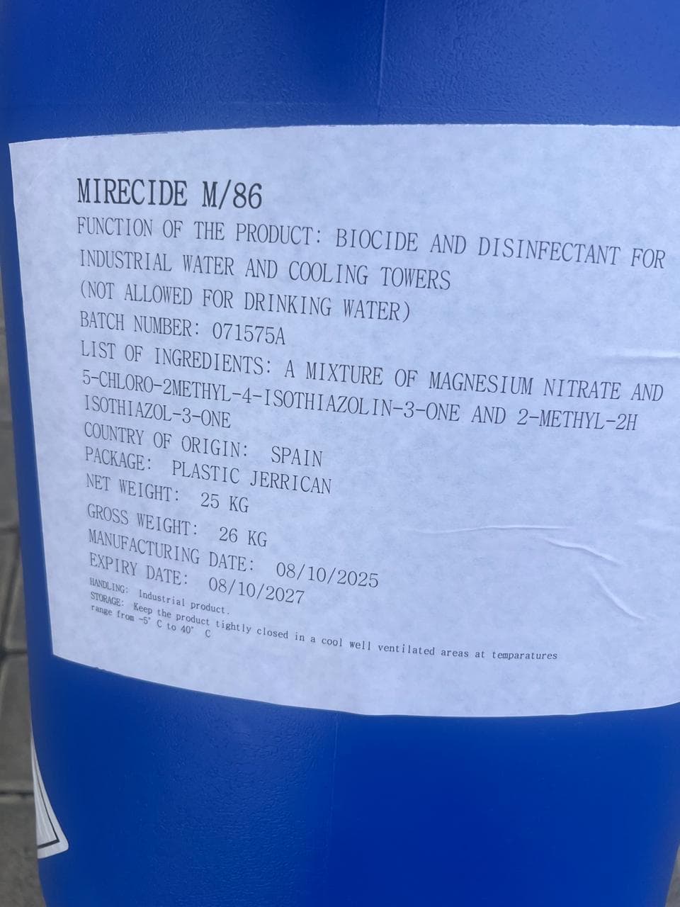 Mirecide M/86 label stating industrial water and cooling tower use, no drinking water use, and 25 kg net weight