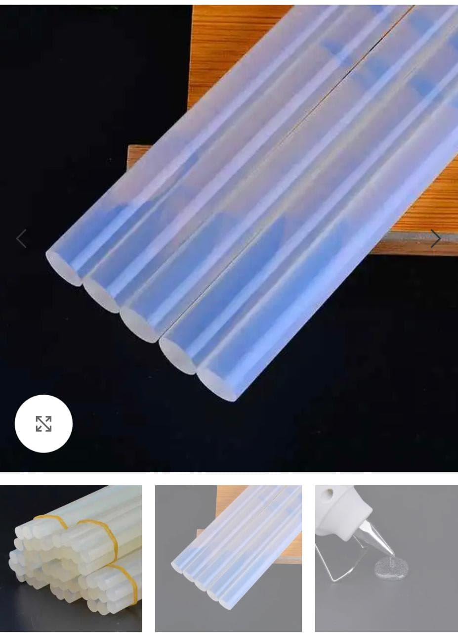 Translucent hotmelt glue sticks, with smaller views of bundled sticks and a glue gun