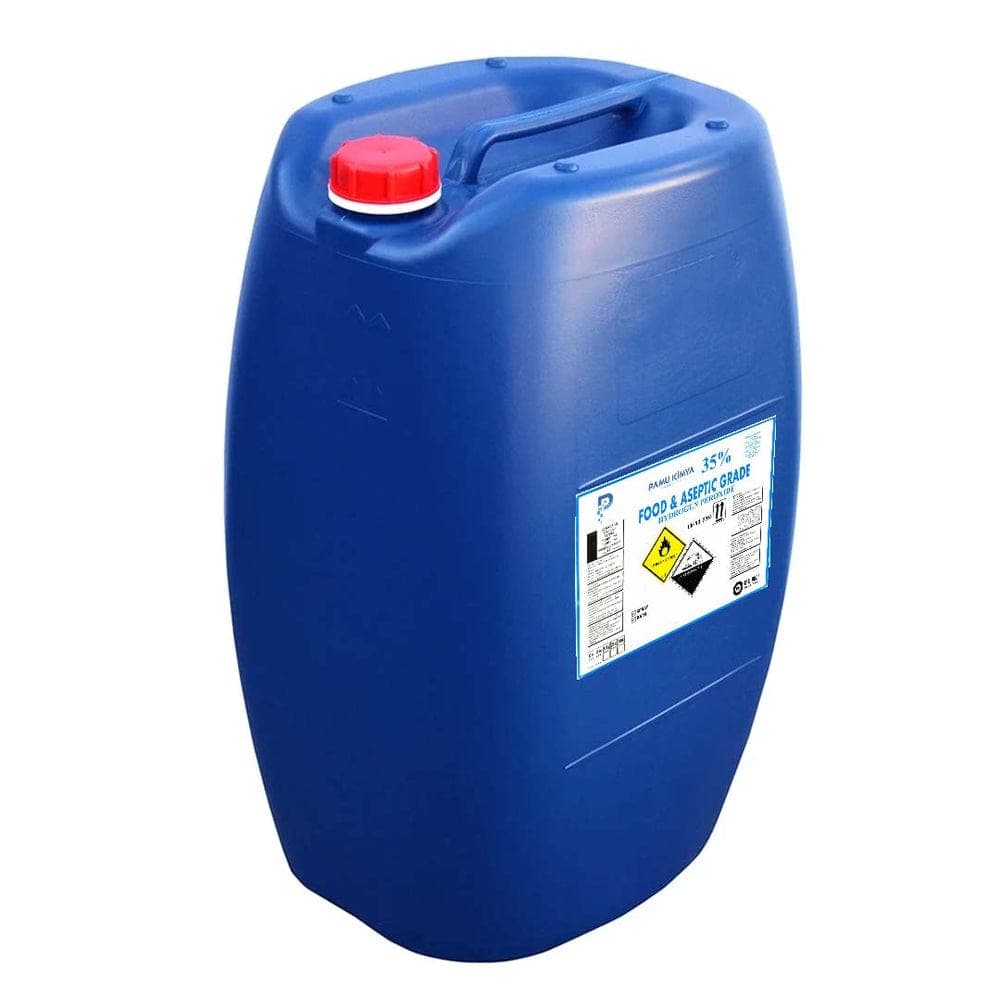 Illustrative blue supplier drum labelled 35% food and aseptic grade hydrogen peroxide