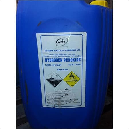 Illustrative blue GACL supplier drum labelled hydrogen peroxide 50% with hazard symbols