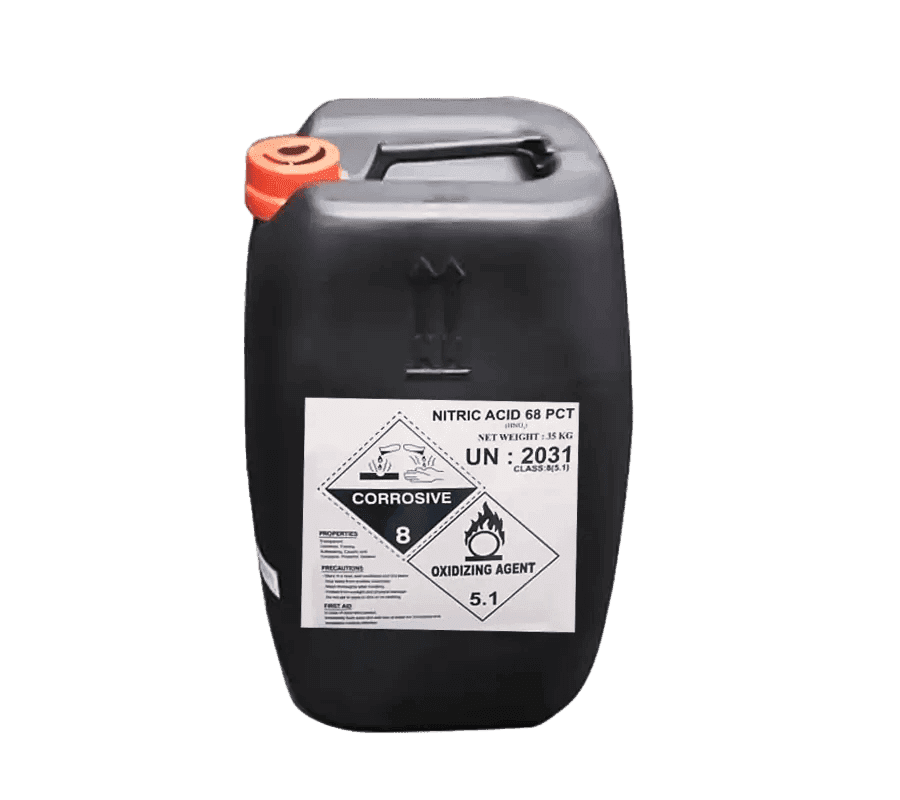 Illustrative black supplier jerrican labelled nitric acid 68 PCT with hazard symbols