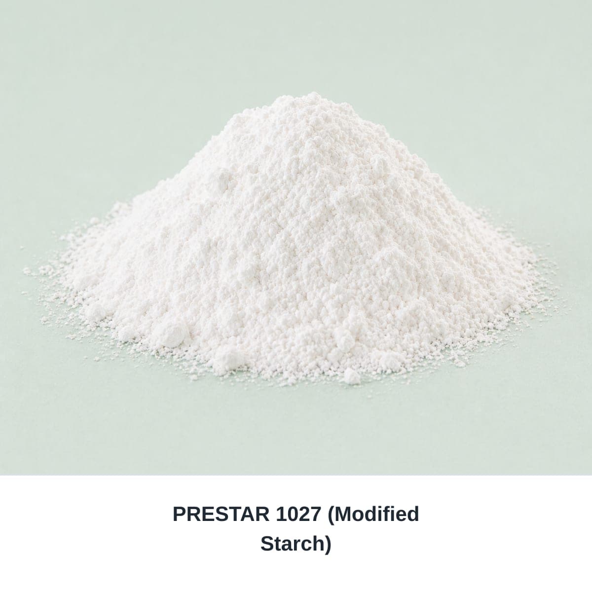 Photograph of an unbranded sample labeled PRESTAR 1027 (Modified Starch).