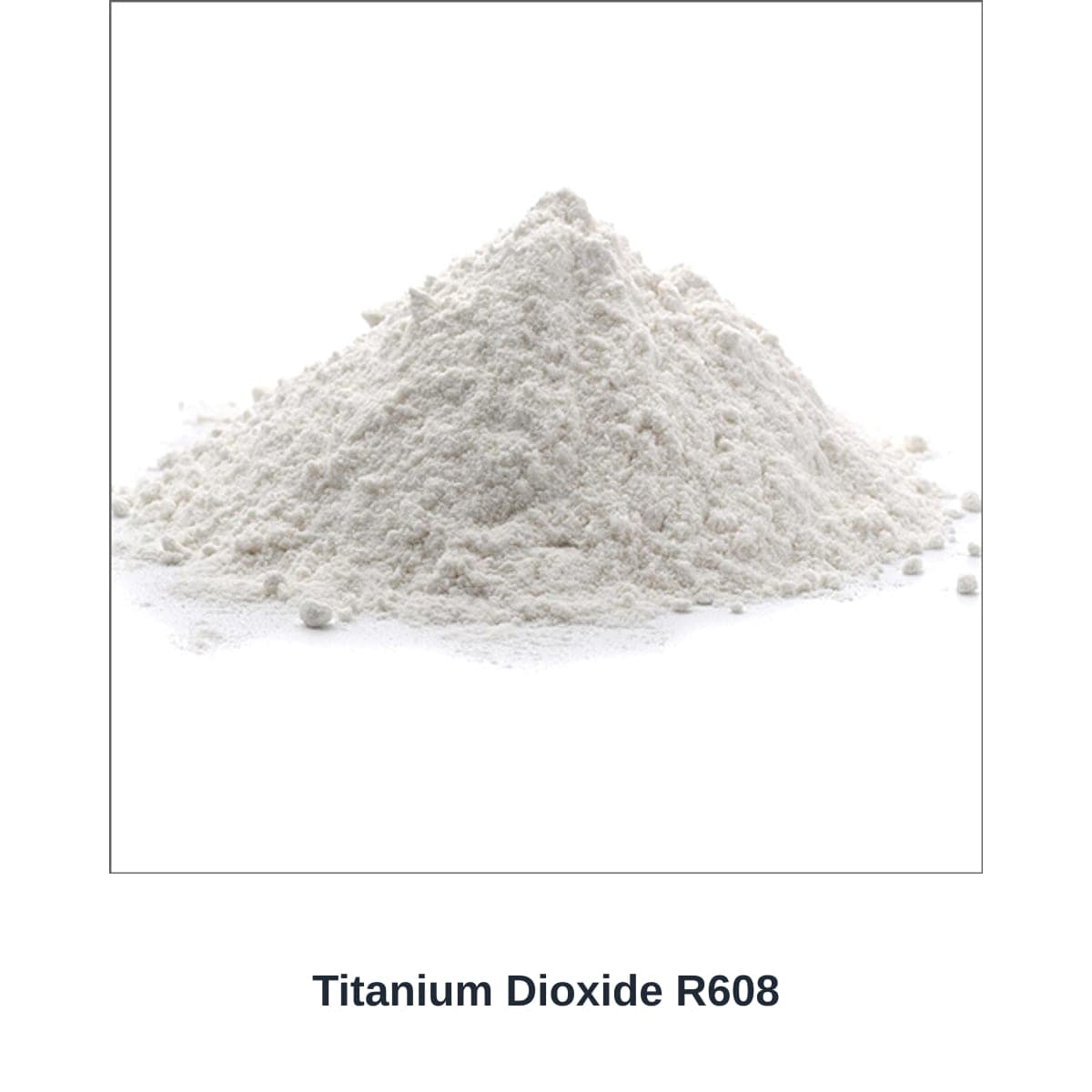 Unbranded photograph of a Titanium Dioxide R608 material sample with a simple product name label.