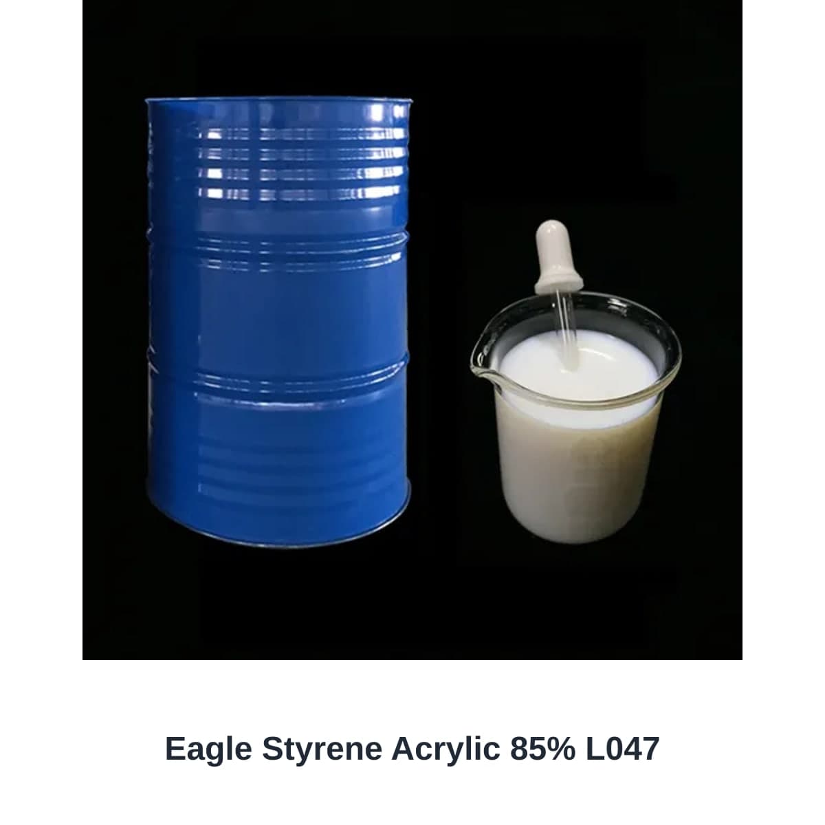 Unbranded photograph of a Eagle Styrene Acrylic 85% L047 material sample with a simple product name label.